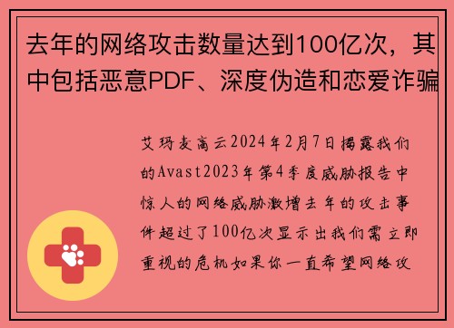 去年的网络攻击数量达到100亿次，其中包括恶意PDF、深度伪造和恋爱诈骗等多种形式。